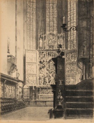 "Wnętrze kościoła Mariackiego z widokiem na ołtarz Stwosza"