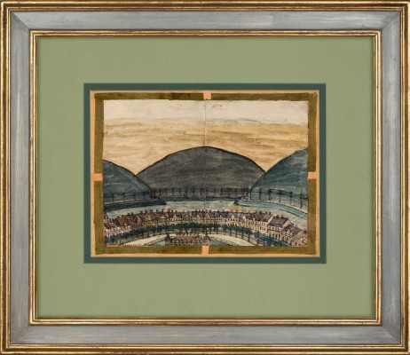 "Miasto na tle gór z linią kolejową"