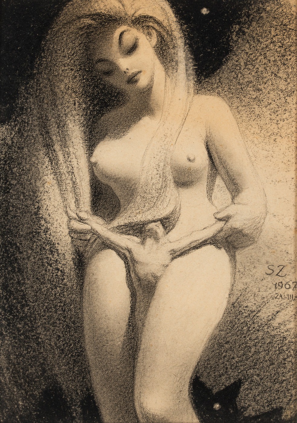 "Akt kobiety z mężczyzną na łonie"