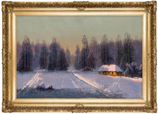 "Zimowy zachód słońca pod lasem"